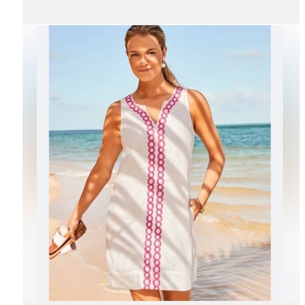 Tommy Bahama Embroidered Linen Shift Dress XS White Pink Sleeveless Preppy Coast